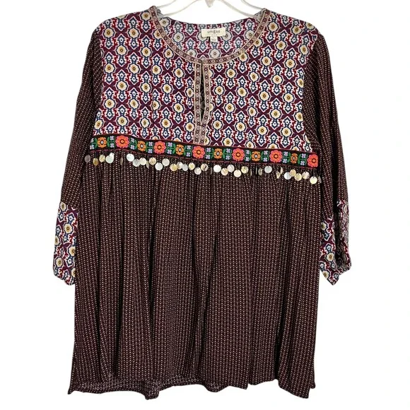 Umgee Boho‎ Tunic Top Boho Medallion Print Embellished Coins 3/4 Seve Sz L - Picture 2 of 8